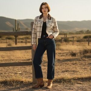 Womens Plaid Cropped Jacket Corduroy Collar Snap Button Western Style‎